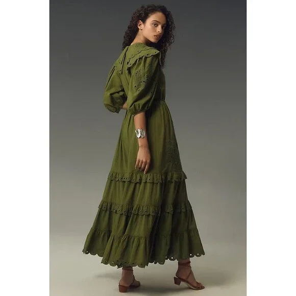 FARM RIO Humming Bird Richelieu Tiered Maxi Dress Size M NWT Green Forest Fairy - Picture 3 of 14